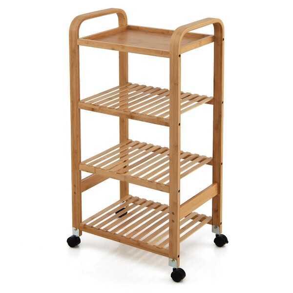 Gymax 4-Tier Kitchen Serving Trolley Cart Mobile Bamboo Storage Shelf