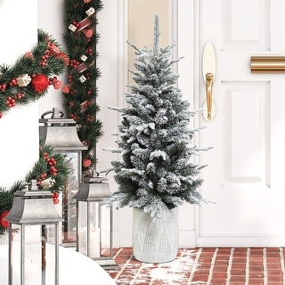 4Ft Pre-Lit Snow-Flocked Potted Artificial Christmas Tree - 48" H x 22" Diameter