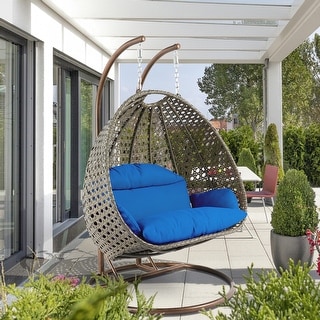 LeisureMod Outdoor 2 Person Beige Wicker Double Hanging Egg Swing Chair