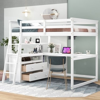 Full Size Wooden Loft Bed with L-Shape Desk, 2 Built-in Drawers & Shelves, Multifunctional Loft Bedframe with Ladder & Guardrail
