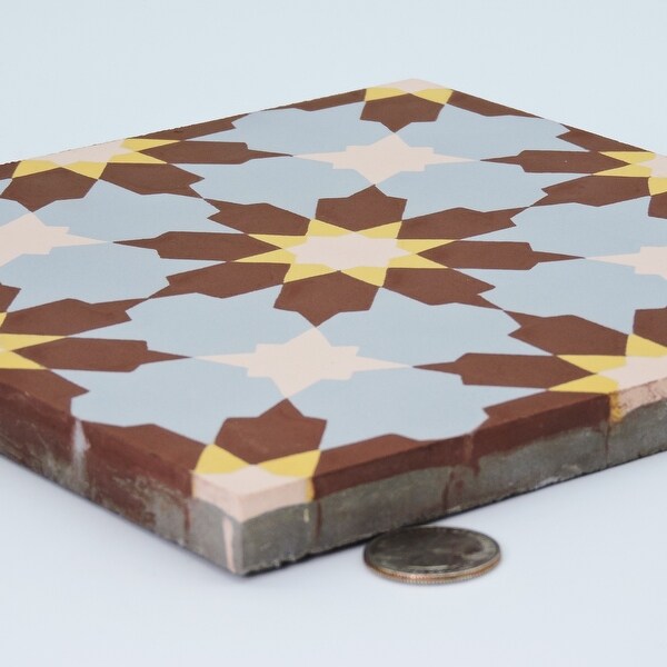 Ahfir Handmade Cement Tile, 8x8, Brown/Blue/Yellow
