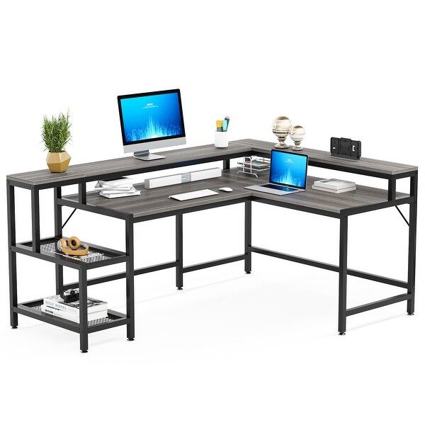L Shaped Desk with Monitor Stand, 69 Inch Large Reversible Corner Desk with Storage Shelf