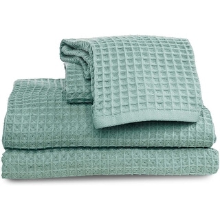 4-Piece 100% Cotton Bath Towel Set - 2 Bath Towels & 2 Hand Towels, Teal Waffle Weave, 2 Sizes