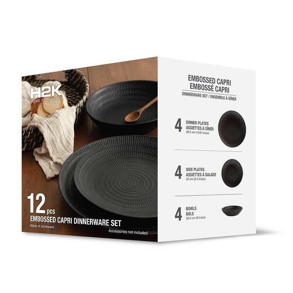 12-Piece Kitchen Dinnerware Set, Plates, Dishes, Bowls, Service for 4 - 12"L x 16"W x 15"H