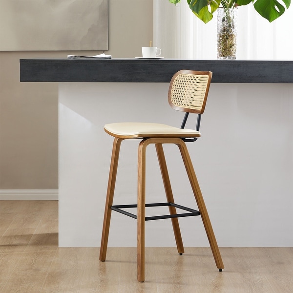 27" Counter Height Bar Stools with Rattan Back and Walnut Wood Frame