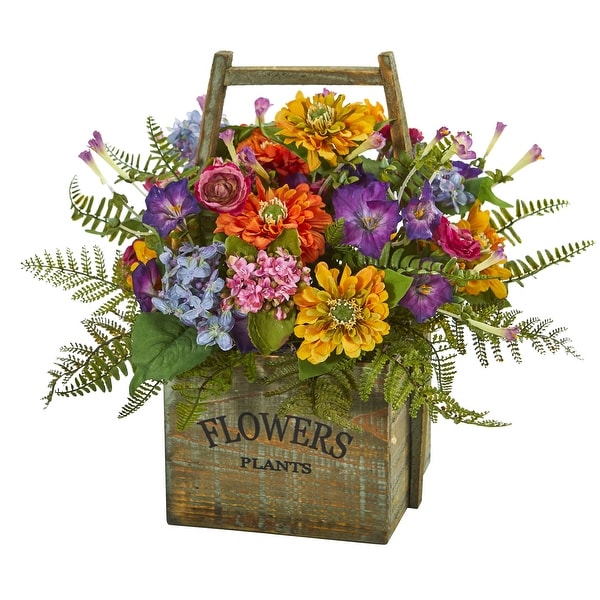 15" Mixed Artificial Floral Arrangement in Wood Basket - Multi