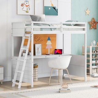 Twin/Full Size Loft Bed with Desk, Wooden Loft Bed Frame with Shelves, Ladder, Loft Bed for Kids Teens Adults
