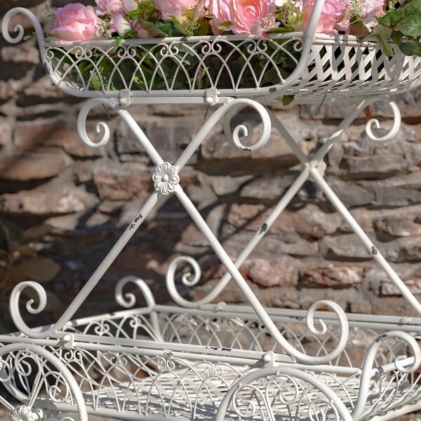 Two Tier Iron Flower Push Cart in Antique White "Odesa 1794" - 21.65x33.85x36.61