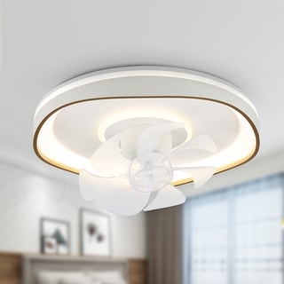 Modern White Flush Mount Ceiling Fan with Remote Control,6-Speed Ceiling Fan with Dimmable Light - 19.2inches