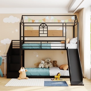 Merax Twin Over Twin Metal Housebed Bunk Bed with Slide and Storage Stair
