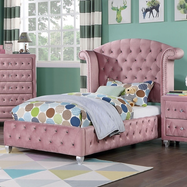 Vyvi Glam Pink Fabric 5-Piece Upholstered Panel Bedroom Set by Furniture of America