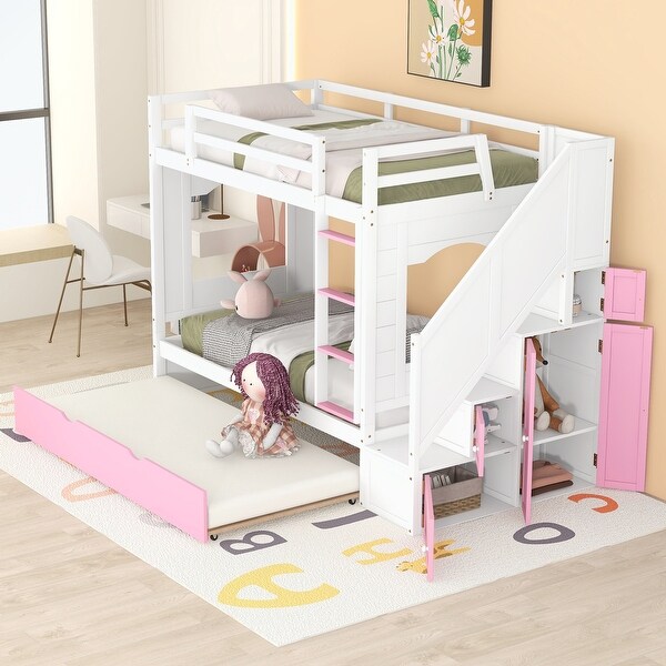 Twin Over Twin Bunk Bed with Trundle ,Stairs,Ladders