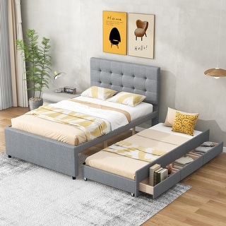Full Upholstered Platform Bed with Pull-out Twin Trundle & 3 Drawers, Solid Wood Bedframe for Teens Adult, No Box Spring Needed