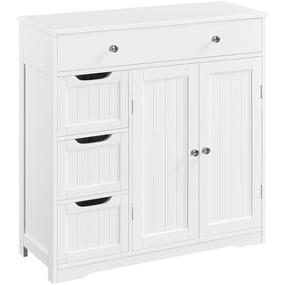 Bathroom Floor Cabinet, Large Storage Space Wooden Organizer with Drawer, 3 Small Drawers & 2 Doors, Free-Standing Cupboard