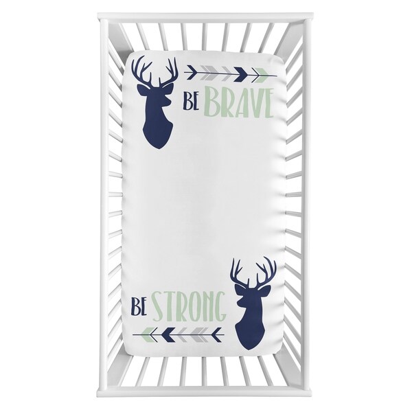 Sweet Jojo Designs Woodland Deer Collection Boy Photo Op Fitted Crib Sheet - Navy Blue Mint Grey Woodsy Arrow Be Brave Be Strong