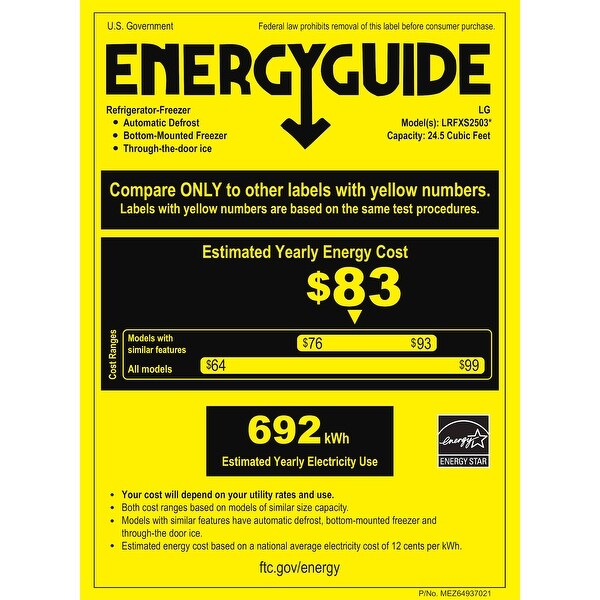 LG LRFXS2503S 25 cu.ft. 3 Door French Door, 33" Standard Depth, Ice & Water Dispenser, Slim Door Ice, PrintProof Stainless Steel