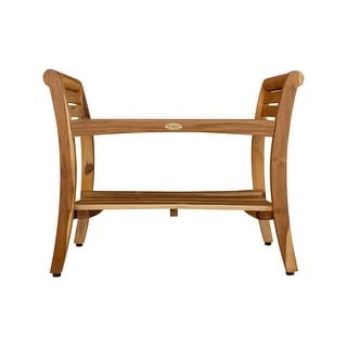 29" EcoDecors Extended Length EarthyTeak Symmetry Solid Teak Shower Bench With Shelf And LiftAide Arms EarthyTeak Finish
