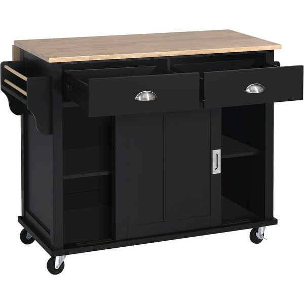 Kitchen Cart Rubber Wood Drop-leaf Countertop Kitchen Island with Storage Cabinet