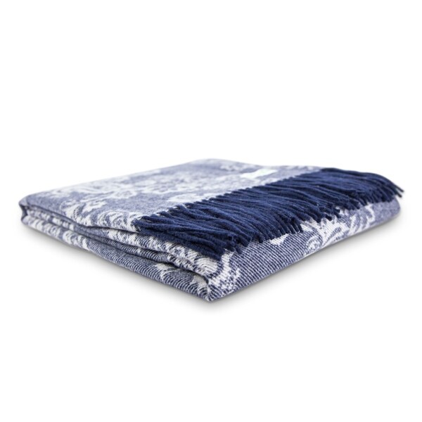 Calyx Interiors Damask Lambswool Blend Throw Blankets Navy/gray with navy fringe