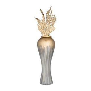 Sagebrook Home 43"H Metal Vase With Leaf Like Lid, Wickhom Gray, Cylinder, Glass, Contemporary, 43"H, Ombre