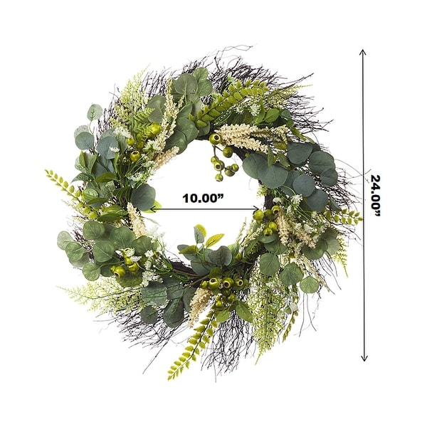 Enova Home 24" Artificial Eucalyptus Leaves Wreath with Green Berry for Festival Celebration Front Door Wall Window Decoration