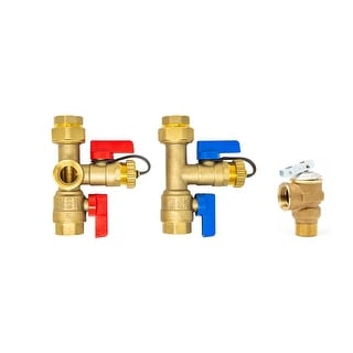 3/4 inch Tankless Water Heater Isolation Service Valve Kit w/Pressure Relief Valve, FNPT x FNPT, for Rheem, Rinai, Eccotemp