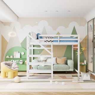 Full Size Loft Bed with Built-in Storage Staircase and Hanger for Clothes