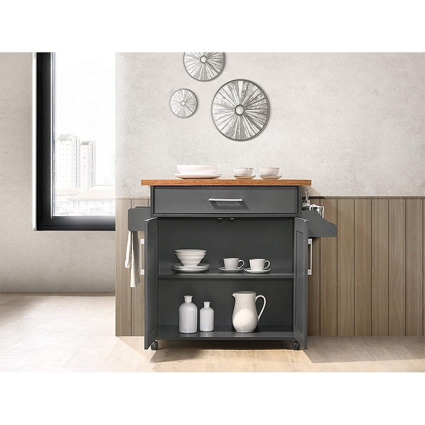 Hodedah Wheeled Kitchen Island Cart w Spice Rack + Towel Bar, Gray/Oak - 64