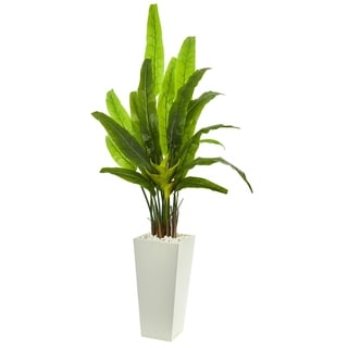 Nearly Natural Green 69-inch Artificial Travelers Palm Tree in White Tower Planter