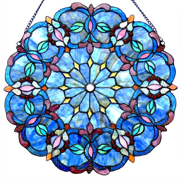 Gracewood Hollow Beidao Circular Blue Glass Window Panel/Suncatcher with Multicolored Accents