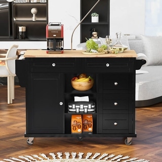 kitchen cart with Rubber wood desktop rolling mobile kitchen island with storage and 5 draws 53 Inch width
