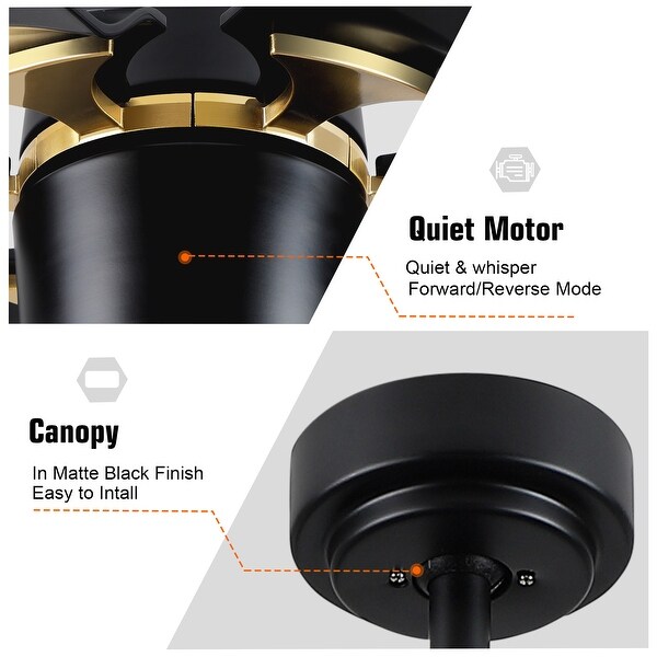 60 In. Modern Indoor Large Black Gold Ceiling Fan With LED Light and Remote Control - 60 inches