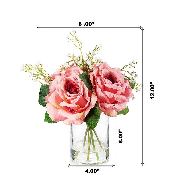 Enova Home 4 Large Silk Rose Flowers in Clear Glass Vase with Faux Water for Home Office Decoration