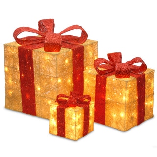 6-inch, 10-inch and 14-inch Assorted Gold Sisal Gift Boxes with 20, 20 and 35 Clear Lights
