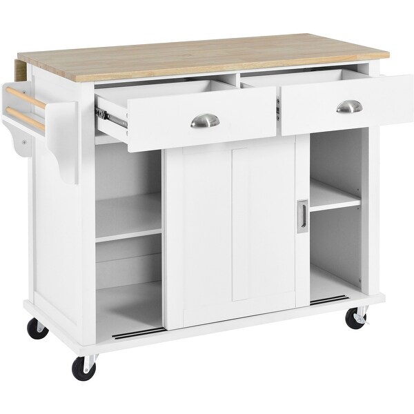 Kitchen Trolley with Rubberwood Deciduous Worktop, Kitchen Island on 4 Wheels with Storage & 2 Drawers