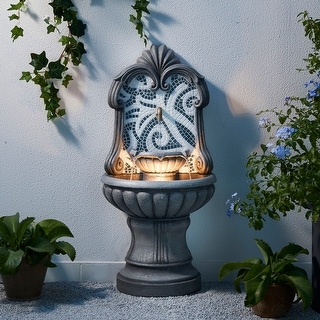 Glitzhome 35.25"H Faux Mosaic 3-Tier LED Pedestal Polyresin Outdoor Fountain