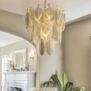 5 Light Glam And Modern Painted Brass Three Tiered Chandelier With Textured Glass Accents - W 19.7"