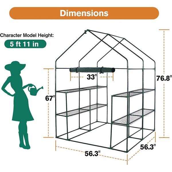 8 Shelves 3 Tiers Walk-in Greenhouse 56.3''L x 56.3''W x 76.8''H Portable Walk In Outdoor Planter House w/ Pegs Ropes
