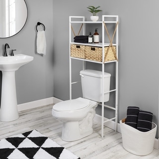 White Steel Over-The-Toilet Space Saver with Woven Baskets