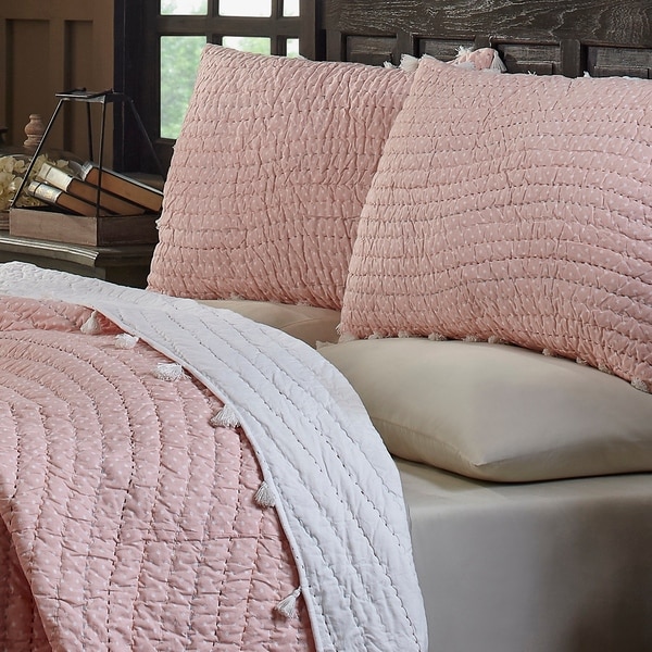 Basia Peach Polka Dot & Pom Pom Tassle Cotton Quilt Set
