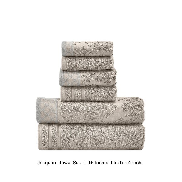 Noa 6 Piece Soft Egyptian Cotton Towel Set, Solid Damask Pattern Trim, Gray
