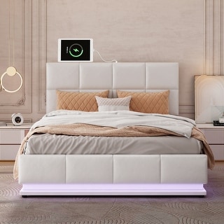 Queen Size PU Storage Bed with LED Lights and USB charger