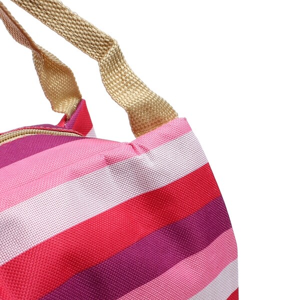 Canvas Multicolor Stripe Picnic Lunch Drink Thermal Insulated Cooler Tote Bag - Fuchsia,Purple