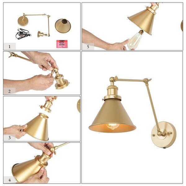 Delacy Brass Gold 1-Light Adjustable Swing Arm Lights Plug-in Wall Sconces
