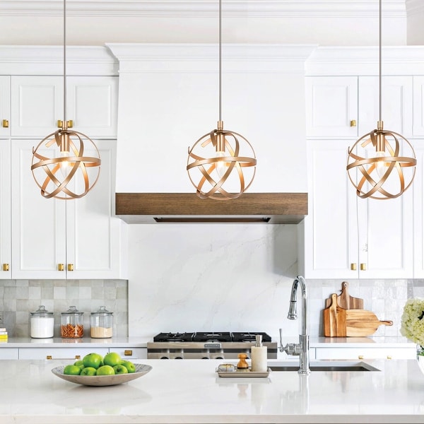 Mid-century Modern Globe Mini Pendant 1-light Metal Cage Dimmable Kitchen Island Lighting - D8" x H68.5"