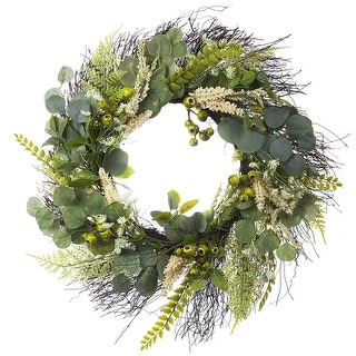 Enova Home 24" Artificial Eucalyptus Leaves Wreath with Green Berry for Festival Celebration Front Door Wall Window Decoration