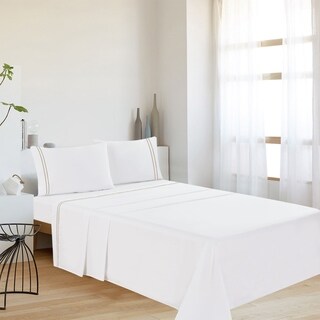 Porch & Den Elmonica White 300 TC Sateen Cotton 4-piece Sheet Set with Embroidery