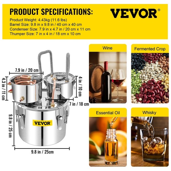 VEVOR Alcohol Still Moonshine Still 3-13.2Gal Stainless Steel Water Alcohol Distiller Copper Tube Home Brewing Kit