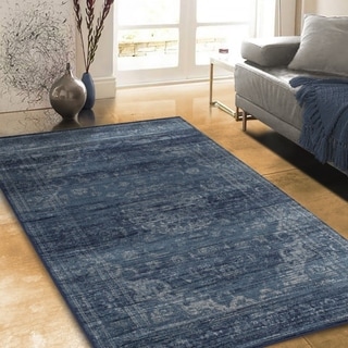 Allstar Rugs Distressed Light Blue and Navy Blue Rectangular Accent Area Rug with Light Grey Persian Design - 7' 6"x9' 8"