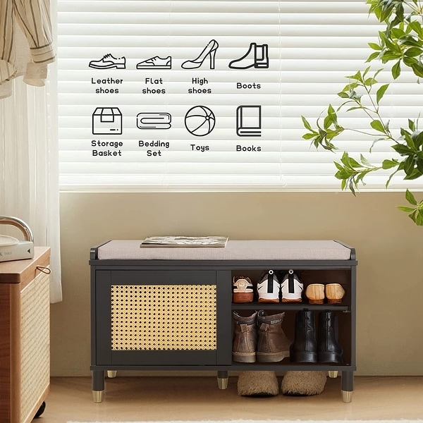 Shoe Storage Bench Cabinet Rattan Style Shoe Cabinet for Entryway